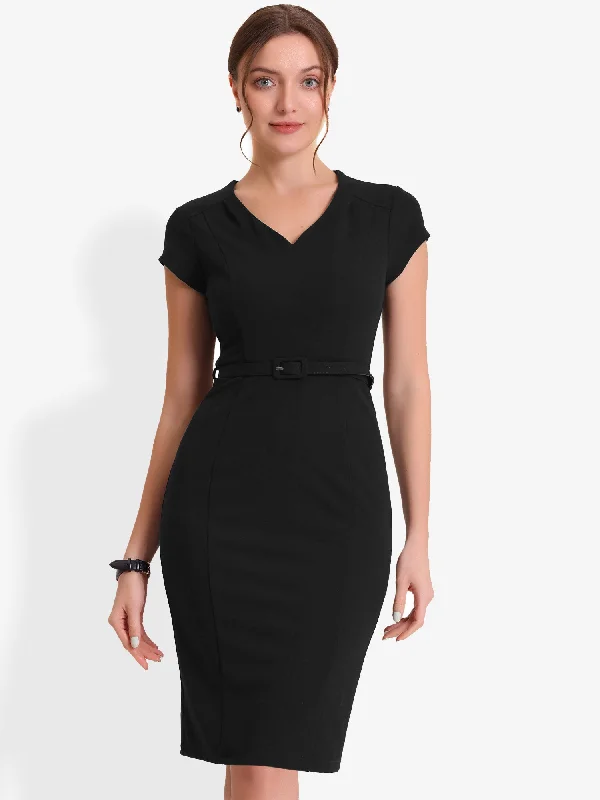 Stylish Women's Outfit Fashion Sale Pencil V Neck Cap Sleeve Work Business Bodycon Sheath Dress