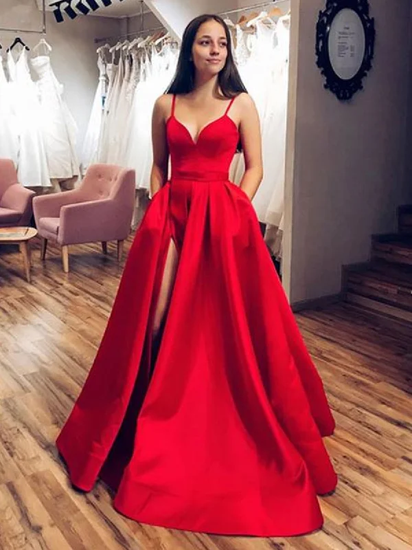 Women's Fashionable Clothing Sets Clearance Event Simple Red Satin Long Prom Dresses with High Slit, Red Formal Graduation Evening Dresses