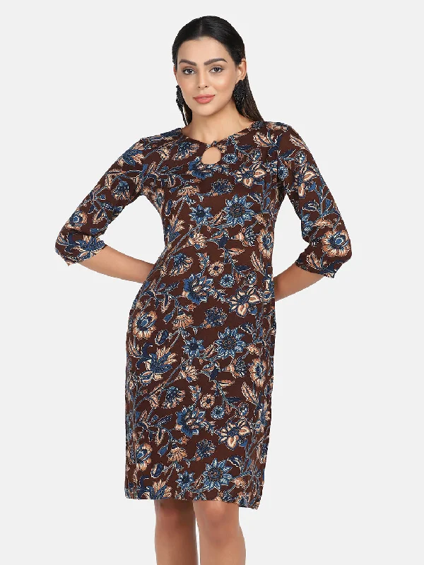 Women's Clothes For Outdoor Events Big Savings On Rustic Countryside Styles Floral Print Cotton Dress - Brown and Blue