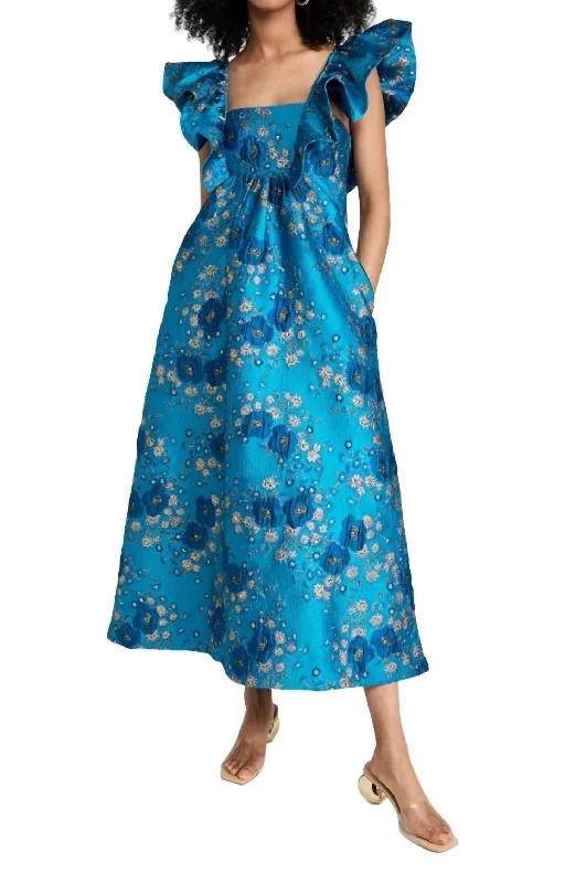 Women's Athletic Apparel Wardrobe Refresh 3D Jacquard Ruffle Midi Dress In Brilliant Blue