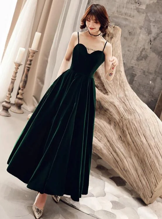 Women's Outerwear Clothing Big Savings Dark Green V Back Long Velvet Elegant Party Dress, A-Line Straps Bridesmaid Dress  gh109