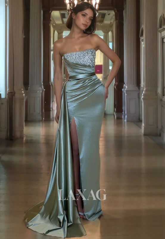 Vintage-Inspired Garments Trend Alert Strapless Beaded Sleek Satin High Slit Party Prom Formal Evening Dress