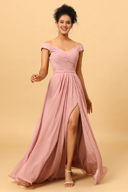 Women's Evening Outfit Fashion Sale Grey rose pleated long slit chiffon bridesmaid dress