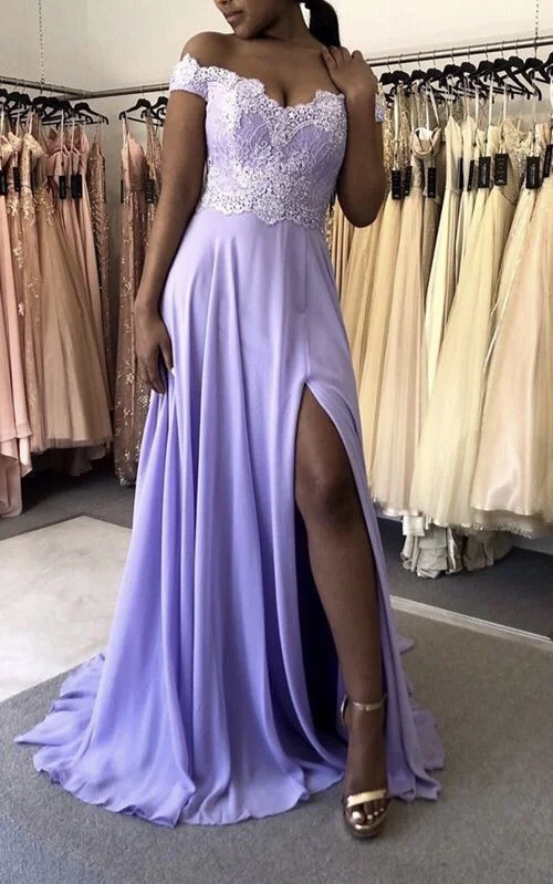 Formal Clothing For Women Wardrobe Upgrade Elegant Lavender Chiffon Prom Dresses Off The Shoulder Evening Gown Lace Appliques Leg Split   cg15475