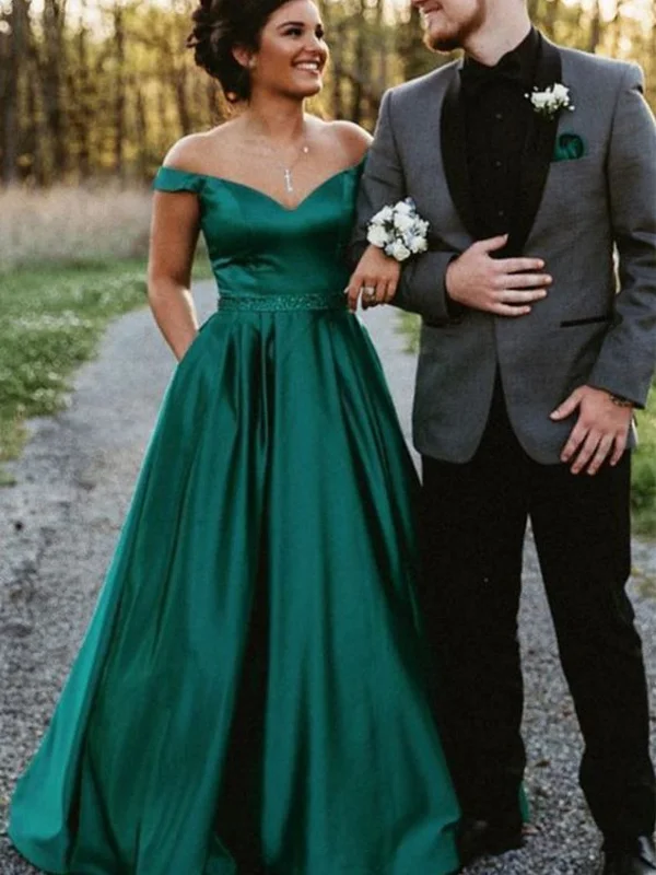 Women's Trendy Outfit Exclusive Sale Off Shoulder Green Satin Long Prom Dresses, Off the Shoulder Formal Dresses, Green Evening Dresses SP2529