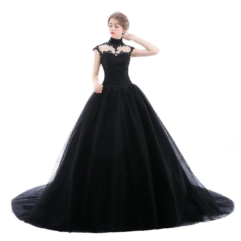 Women's Contemporary Clothing Hot Trends High Neck Lace Tulle Black Wedding Dresses Ball Gowns