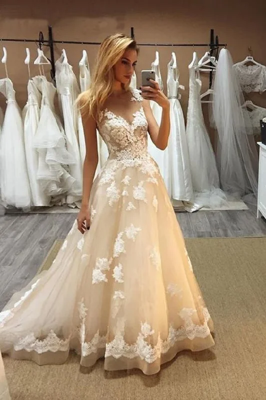 Vintage-Inspired Women's Apparel Anniversary Sale Elegant V Neck Sleeveless Tulle Lace Prom Gown with Appliques   cg13669