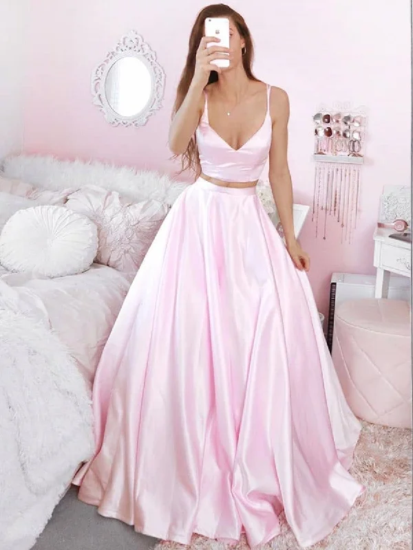 Trendy Athleisure Clothing For Women First Order Discount V Neck Two Pieces Pink Satin Long Prom Dresses, 2 Pieces Pink Formal Dresses, Pink Evening Dresses, Ball Gown