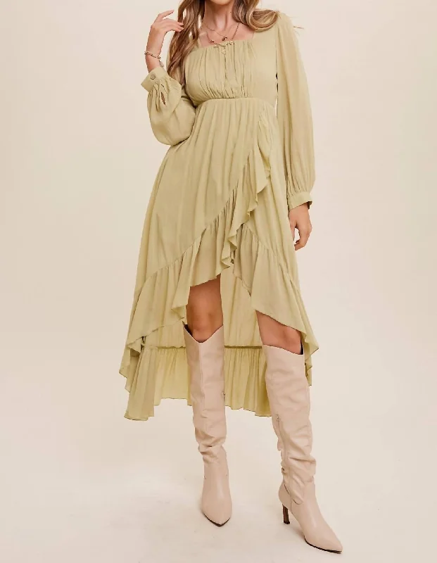 Women's Cozy Outfit For Lounging Budget-Friendly Fashion High Low Ruffled Wrap Style Maxi Dress In Light Olive