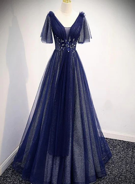 Elegant Clothing For Women Spring Fashion Navy Blue V-Neckline Long Tulle Party Dress With Sleeves, Blue Bridesmaid Dresses Party Dress  gh45