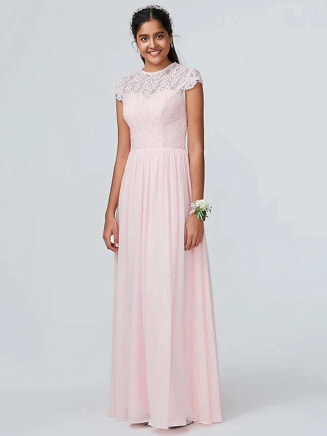 Timeless Women's Outfit Hot Trends A-Line Bridesmaid Dress Jewel Neck Sleeveless Elegant Floor Length Chiffon with Lace