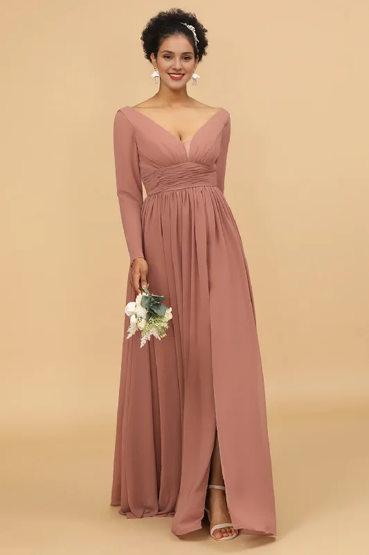 Women's Occasion Wear Clothing Mid - Week Surprise Pink V-neck long sleeved slit chiffon bridesmaid dress