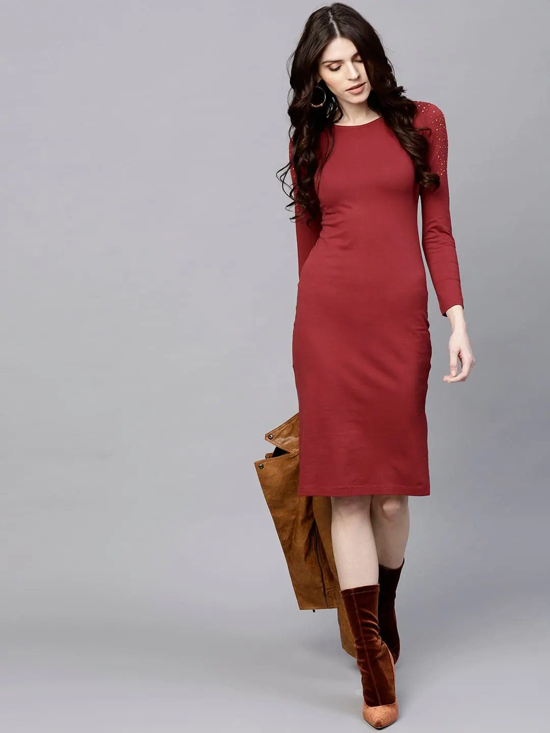 Women's Work Outfit For The Office Discounts On Casual Weekend Styles Maroon Bodycon Studded Dress