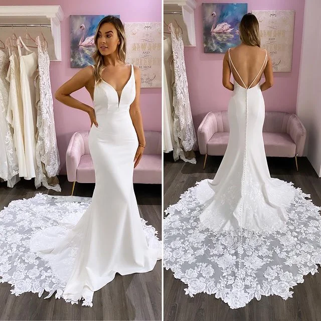 Women's Evening Clothing Spring Wardrobe Hot Long Mermaid Ivory Satin Lace Wedding Gowns V Neck Dress