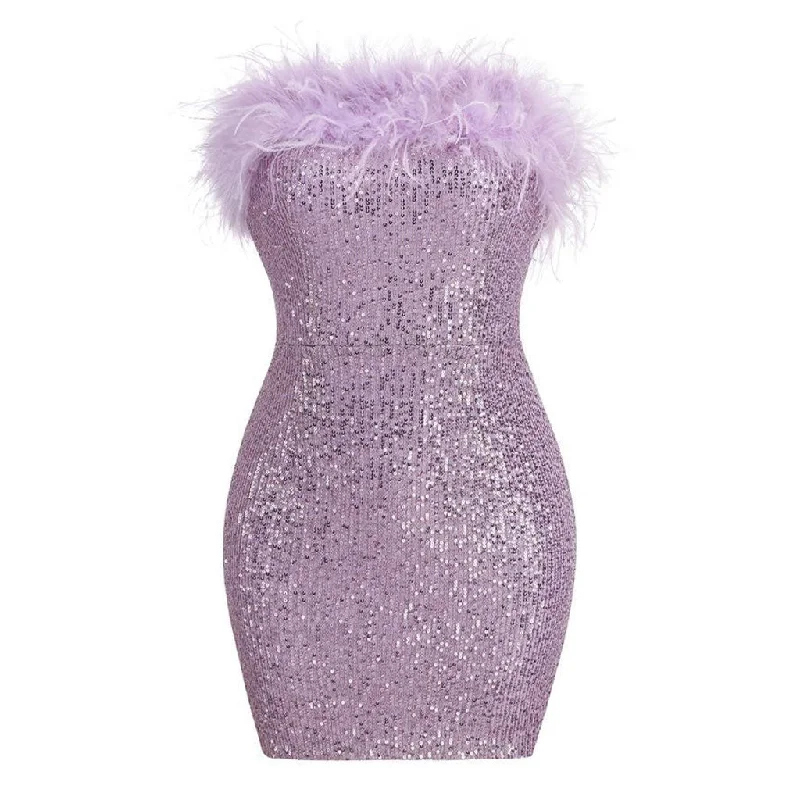 Women's Seasonal Apparel Save On Inspired Styles Sparkly Sequin Solid Color Feather Trim Strapless Bodycon Mini Party Dress