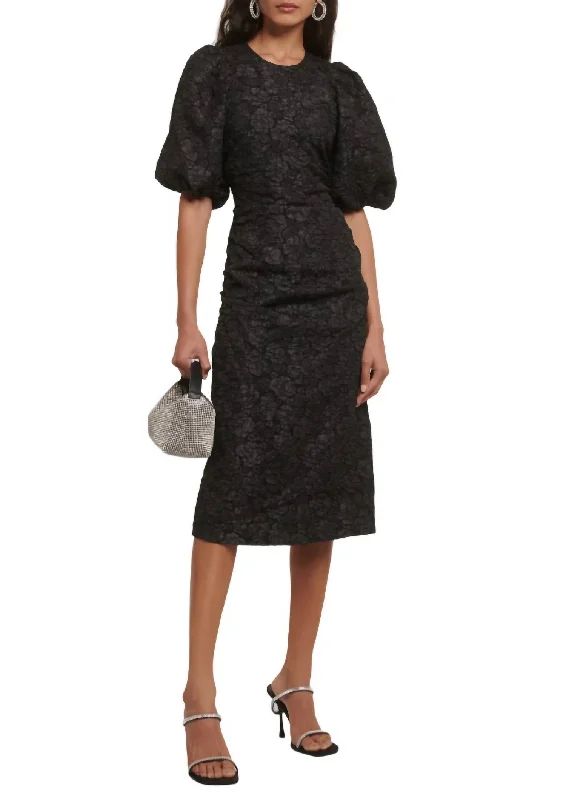 Women's Formal Apparel Limited Styles Stretch Jacquard Puff Sleeves Midi Dress In Black