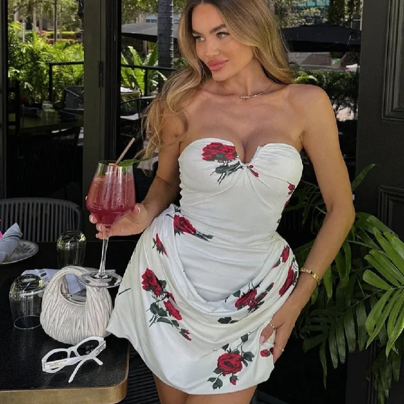 Stylish Clothes For Women Exclusive Sale Romantic Rose Print Draped Drop Waist Bodycon Notch Strapless Mini Dress