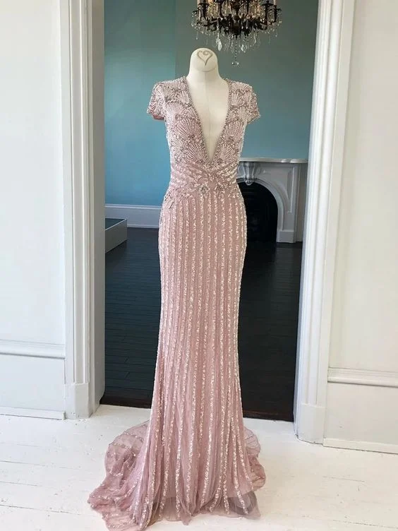 Women's Clothing With Trendy Designs Lighten Up With Nordic Styles Blush Pink Sparkly Long Prom Dresses Short Sleeve V neck Beaded Custom Evening Dress Formal Gowns  cg4593