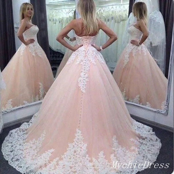 Women's Romantic Outfit Limited Quantities Strapless Lace Pink Wedding Dresses Ball Gown Appliques Quinceanera Dresses