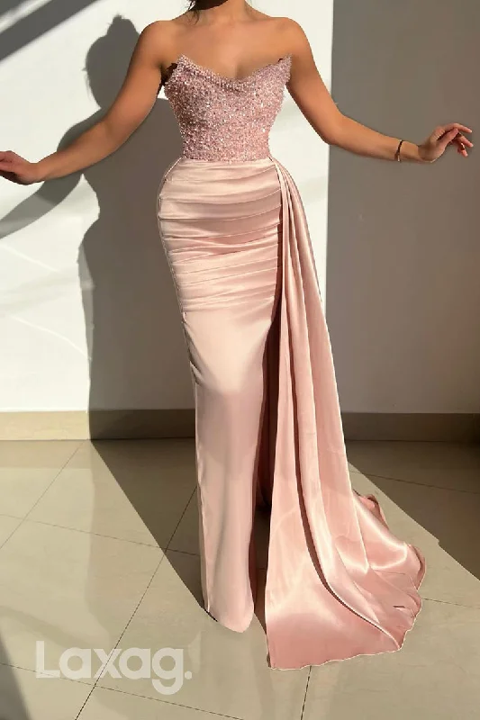 Luxury Women's Clothing Chic Styles 22209 - Strapless Beaded Sleek Satin Mermaid Party Prom Formal Evening Dress