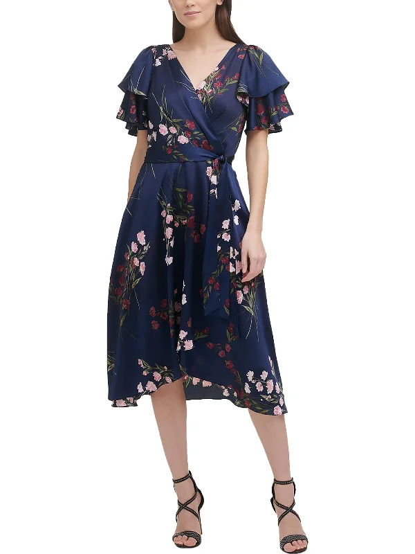 Comfortable Women's Clothing Limited Time Deal Womens Floral Print Midi Wrap Fit & Flare Dress