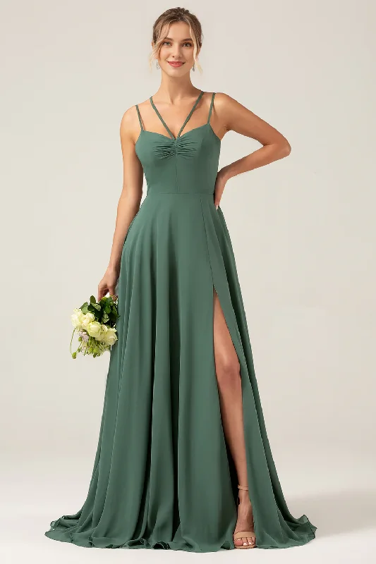 Tailored Clothing For Women Buy More, Save More A-line slim shoulder strap slit chiffon eucalyptus bridesmaid dress