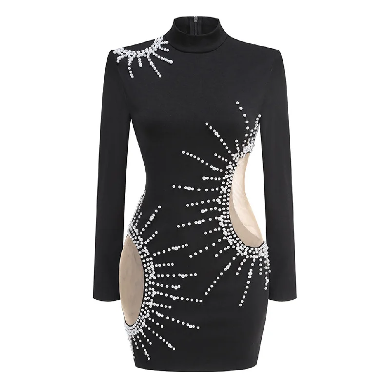 Women's Trendy Clothing First Order Discount Sexy Mock Neck Faux Pearl Embellished Sheer Mesh Bodycon Mini Dress