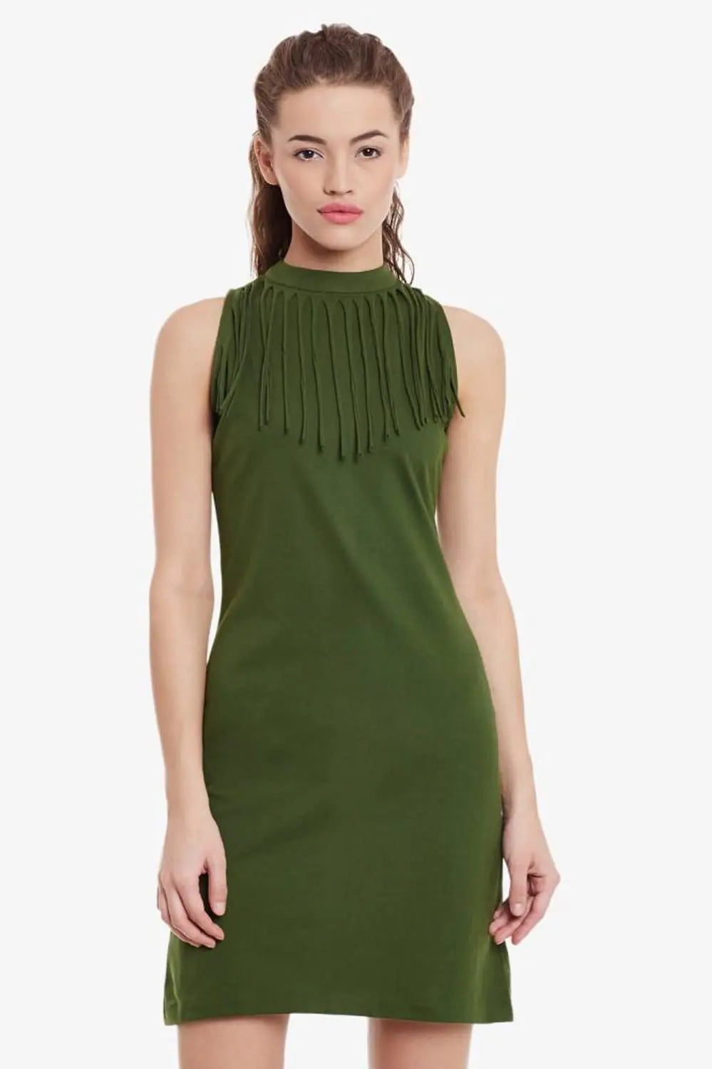 Women's Elegant Garments Casual Chic Binge On Fringe Bodycon Dress Olive