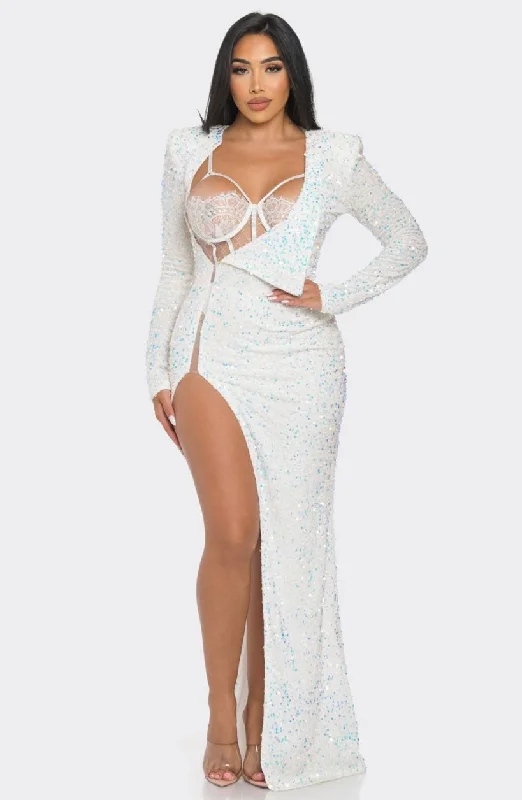 Women's Cozy Winter Attire Father'S Day Deals Pairs White Iridescent Sequin Maxi Long Sleeve Dress