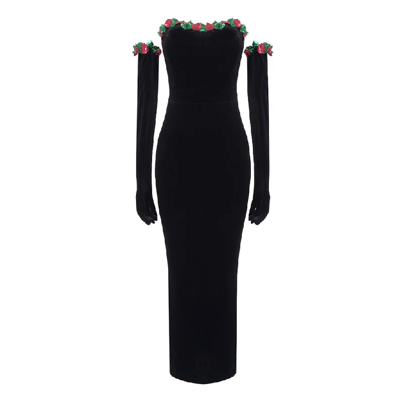 Women's Clothes And Apparel Sets Spring Wardrobe Vintage Sequined Floral Opera Sleeve Strapless Velvet Bodycon Maxi Dress