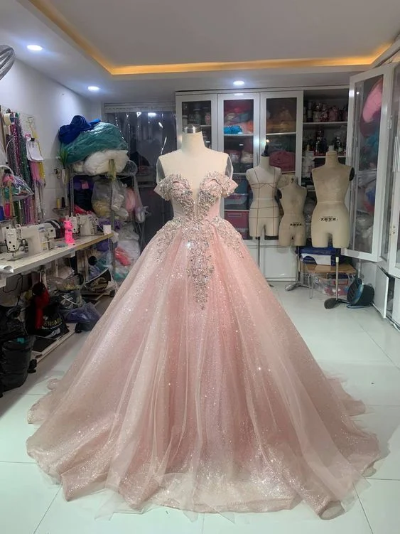 Women's Trendy Clothes Hot Styles Off The Shoulder Pink Ball Gown Quinceanera prom Dress    cg13292