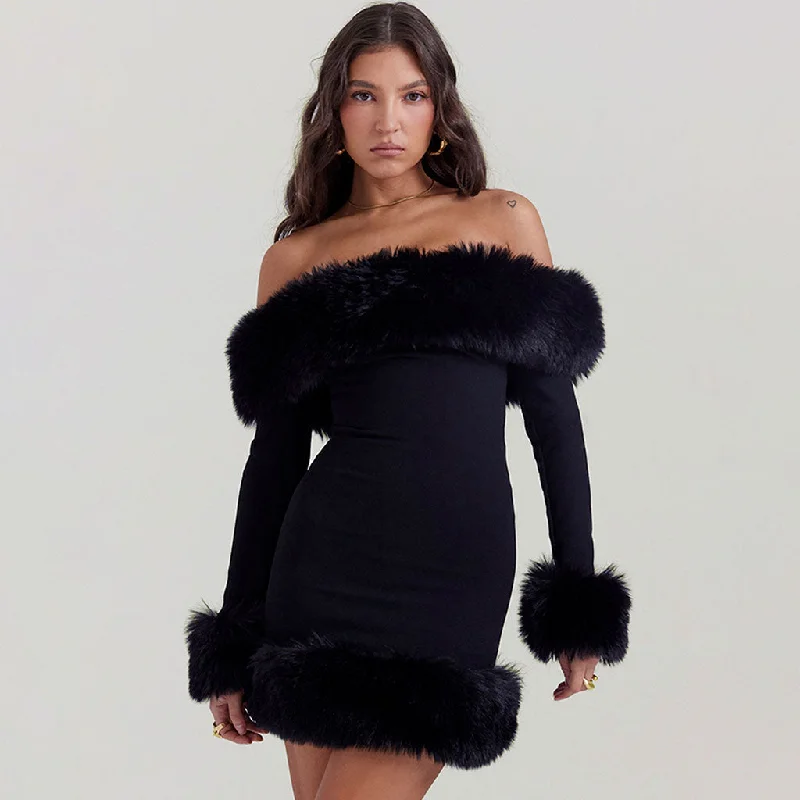 Women's Clothing Apparel Father'S Day Deals Opulent Faux Fur Trim Off The Shoulder Long Sleeve Mini Bodycon Party Dress