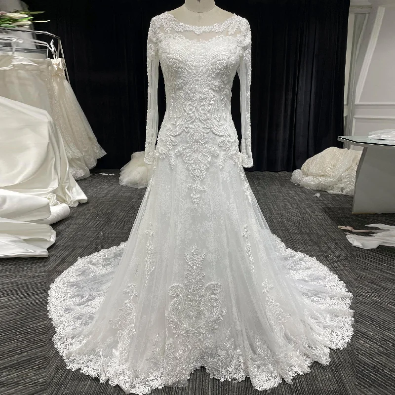 Women's High-Fashion Outfit Flash Deals Long Sleeve A-line Lace Wedding Dress for Timeless Elegance