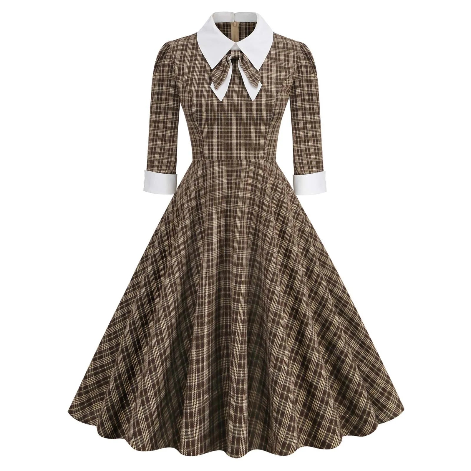 Women's Casual Wear Outfit Trendy Styles JuliaFashion - Autumn Winter Plaid Print Retro Vintage A Line Party 3/4 Long Sleeve Elegant 40s 50s 60s Pinup Rockabilly With Bow Dress