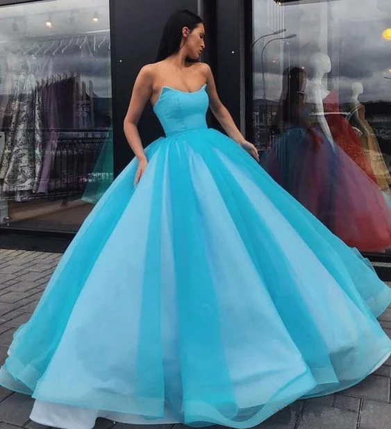 Women's Casual Apparel Clearance Event Pretty Blue Tulle Strapless Floor Length Lace Up Sweet 16 Prom Dress, Ball Gown    cg13719