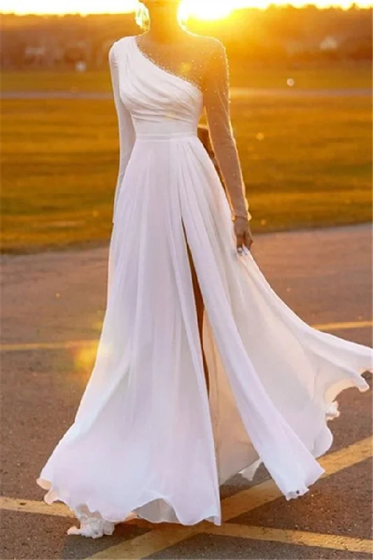 Women's Apparel And Garments Limited Quantities A Line Chiffon Pearls Long Sleeve Beach Wedding Dresses White