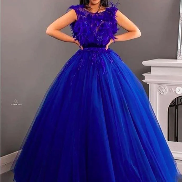 Women's Contemporary Apparel Budget-Friendly Fashion royal blue prom dresses 2020 sheer crew neckline feather beading sequins ball gown tulle long evening dresses gowns  cg13435