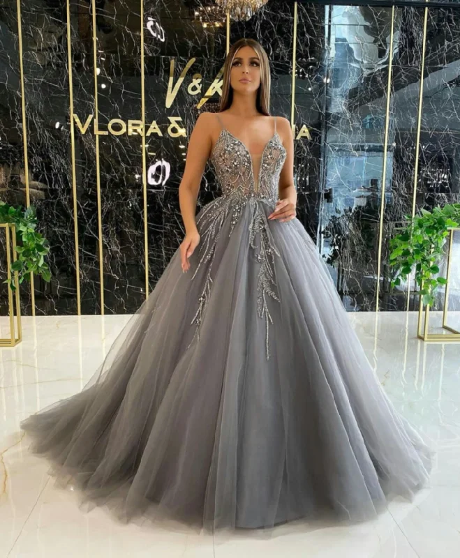 Women's Transitional Apparel Style Upgrade Beaded 2021 Prom Dresses African A Line Silver Strap V Neck Evening Dress Plus Size Formal Party Pageant Gowns    cg13377