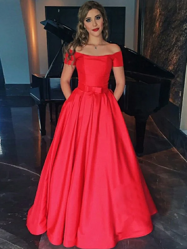 Women's Outfit Fashion For Every Occasion A Line Off Shoulder Red Satin Long Prom Dresses, Red Off Shoulder Formal Dresses, Red Evening Dresses