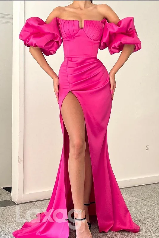 Women's Casual Apparel For Weekends Spring Fashion 21846 - Rosy Pink Puffy Sleeves Thigh Slit Satin Prom Evening Dress