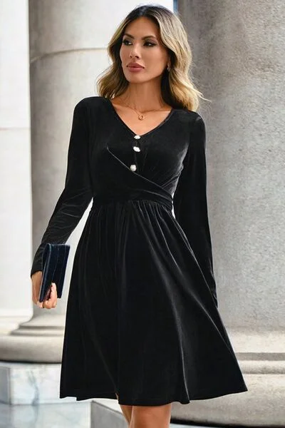 Women's Trendy Casual Outfit Stylish Savings Ruched Decorative Button V-Neck Long Sleeve Dress