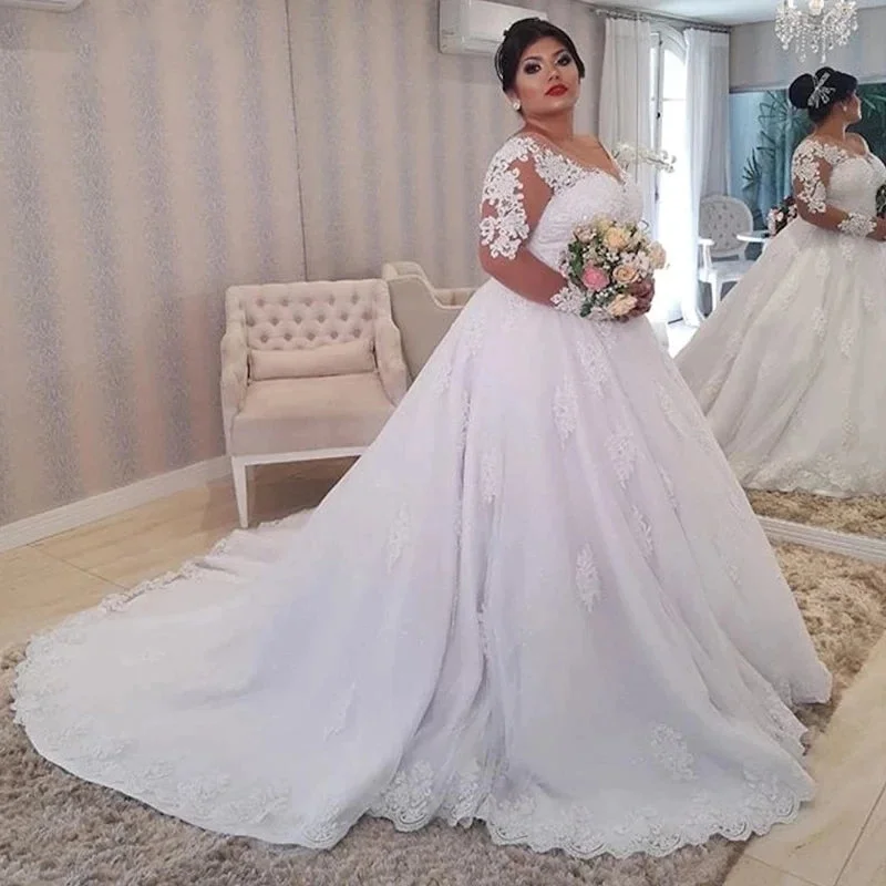 Women's Everyday Attire Unbeatable Prices Elegant Lace Long Sleeves Wedding Dresses Plus Size Appliuqes Ball Gowns