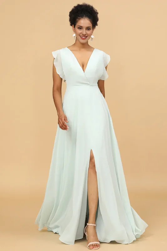 Women's Clothing For Outdoor Events Big Savings On Rustic Countryside Styles Mint V-neck long slit chiffon bridesmaid dress