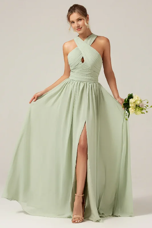 Women's Office Clothing Evening Looks Dusty Sage A-line neck hanging pleated long bridesmaid dress