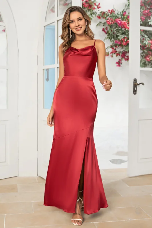 Women's Garments Limited Time Deal Wine red fish tail thin shoulder strap slit long bridesmaid dress