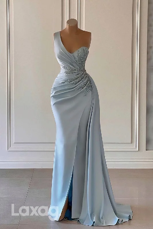 Women's Clothing For Holiday Travel Stylish Looks 22239 - One Shoulder Beaded Draped Sleek Satin Party Prom Formal Evening Dress with Slit