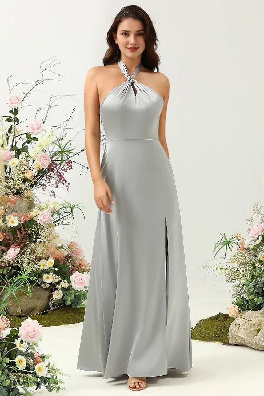 Women's Luxury Attire Flash Deals Grey A-line hanging neck shiny satin floor length slit bridesmaid dress