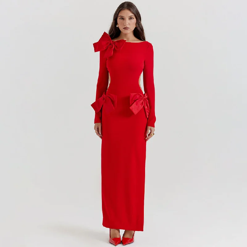 Women's Clothes For Outdoor Events Last Chance Sale Luxury Oversized Bow Boat Neck Bodycon Long Sleeve Thigh Split Cut Out Maxi Dress