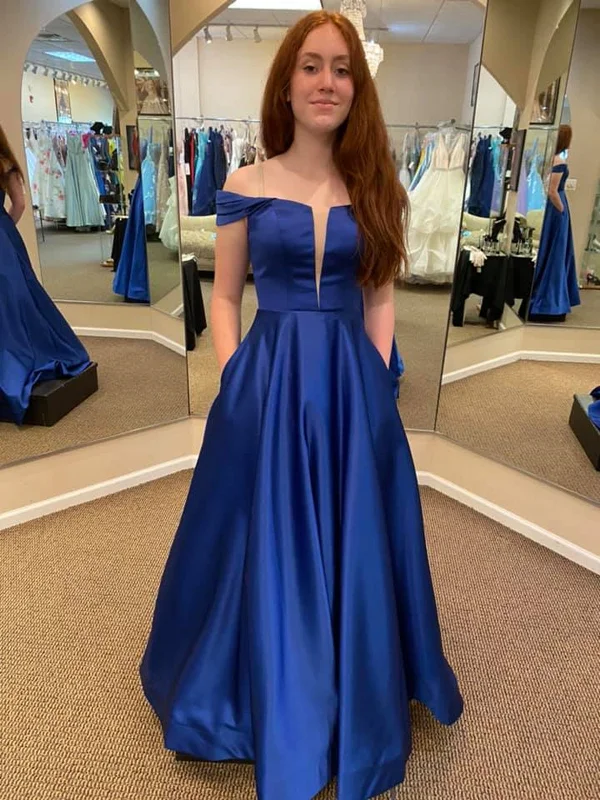 Women's Holiday Clothing Summer Essentials Off Shoulder Royal Blue Satin Long Prom Dresses with Pocket, Long Royal Blue Formal Graduation Evening Dresses SP2344