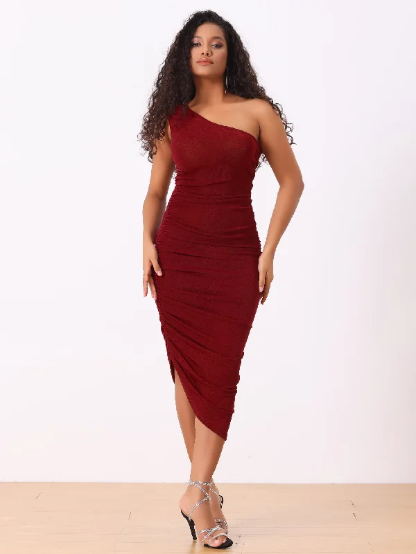 Women's Athletic Outfit Flash Deals Ruched Bodycon Sleeveless One Shoulder Irregular Hem Prom Midi Dress